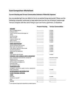 College worksheets pdf - Cost Comparison Worksheet Current Housing and Terrace Communities Estimate of Monthly Expenses Are you wondering if you can afford to live in an assisted living community