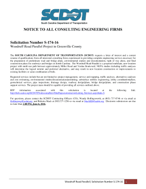 NOTICE TO ALL CONSULTING ENGINEERING FIRMS Solicitation Number S17416 Woodruff Road Parallel Project in Greenville County The SOUTH CAROLINA DEPARTMENT OF TRANSPORTATION (SCDOT) requests a letter of interest and a current resume of