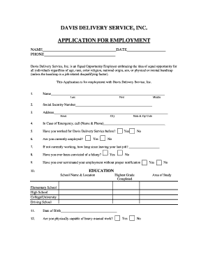 DAVIS DELIVERY SERVICE INC APPLICATION FOR EMPLOYMENT