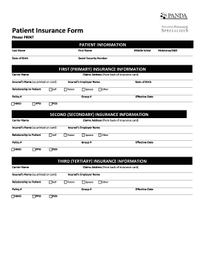 Patient Insurance Form Please PRINT Last Name First Name Middle Initial Nickname/AKA Date of Birth Social Security Number Carrier Name Claims Address (from back of
