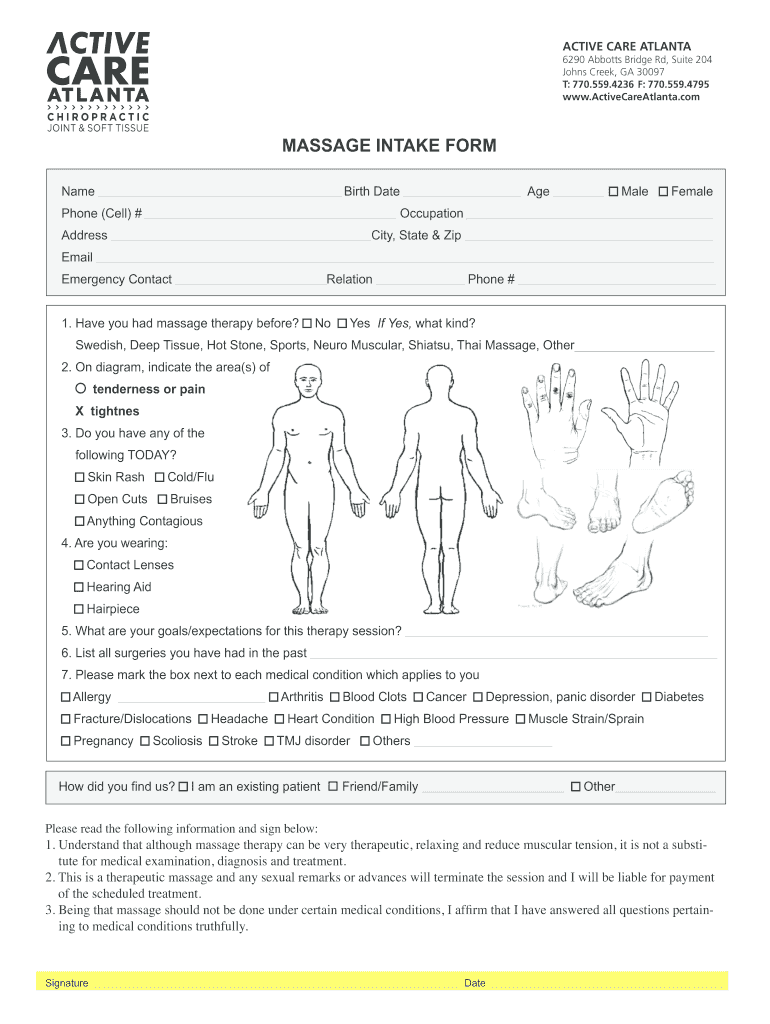 massage intake form Preview on Page 1.