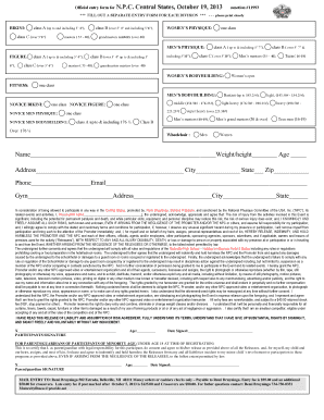 Central States, October 19, 2013 sanction #11993 *** FILL OUT A SEPARATE ENTRY FORM FOR EACH DIVISION *** please print clearly BIKINI: class A (up to and including 5 4), class B (over 5 4 and including 56), class C (over 56) masters ( 35