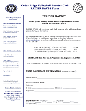 Cedar Ridge Volleyball Booster Club RAIDER RAVES Form Cedar Ridge Volleyball Booster Club 20132014 Board of Directors RAIDER RAVES Send a special message or best wishes to your student athlete