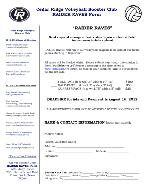 Cedar Ridge Volleyball Booster Club RAIDER RAVES Form Cedar Ridge Volleyball Booster Club 20122013 Board of Directors RAIDER RAVES Send a special message or best wishes to your student athlete