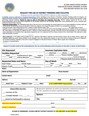 ALVORD UNIFIED SCHOOL DISTRICT 10365 KELLER AVENUE, RIVERSIDE, CA 92505 (951) 5095007 FAX (951) 3512128 REQUEST FOR USE OF DISTRICT PREMISES AND FACILITIES (Request must be submitted TWO WEEKS in advance of date requested) Availability must be confir