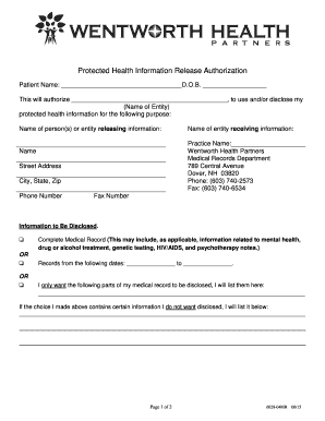 This will authorize , to use and/or disclose my (Name of Entity) protected health information for the following purpose: Name of person(s) or entity releasing information: Practice Name: Wentworth Health Partners Medical Records Department 789 Centra
