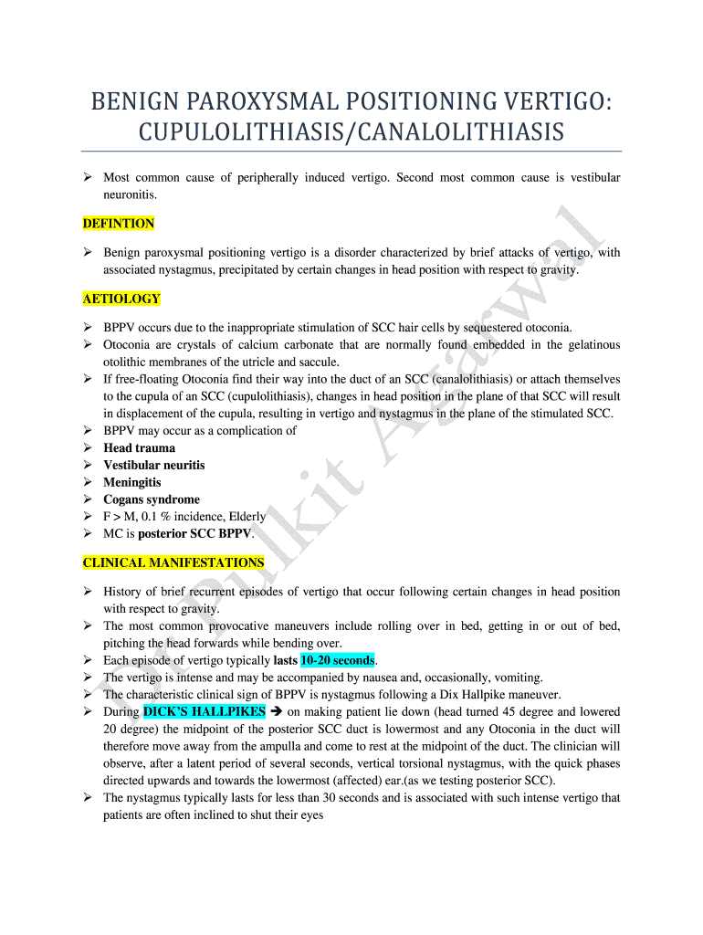 Fillable Online BENIGN PAROXYSMAL POSITIONING VERTIGO: Fax Email Print - pdfFiller