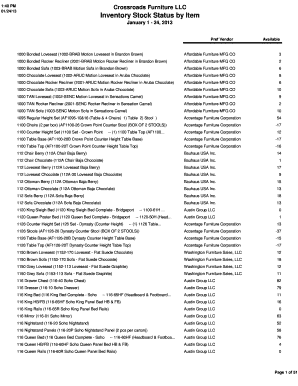 Sample memo for inventory count - 1:40 PM 01/24/13 Crossroads Furniture LLC Inventory Stock Status by Item January 1 24, 2013 Pref Vendor Available 1000 Bonded Loveseat (1002BRAB Motion Loveseat in Brandon Brown) Affordable Furniture MFG CO 3 1000 Bonded Rocker Recliner