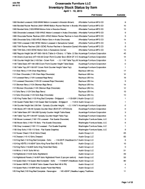 4:04 PM 04/10/13 Crossroads Furniture LLC Inventory Stock Status by Item April 1 10, 2013 Pref Vendor 1000 Bonded Loveseat (1002BRAB Motion Loveseat in Brandon Brown) Available Affordable Furniture MFG CO 8 1000 Bonded Rocker Recliner