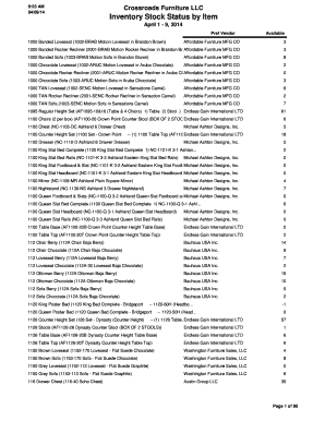 Inventory check eft - 9:23 AM 04/09/14 Crossroads Furniture LLC Inventory Stock Status by Item April 1 9, 2014 Pref Vendor 1000 Bonded Loveseat (1002BRAB Motion Loveseat in Brandon Brown) Affordable Furniture MFG CO Available 3 1000 Bonded Rocker Recliner