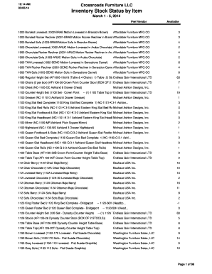 Stock listing sample - 10:14 AM 03/05/14 Crossroads Furniture LLC Inventory Stock Status by Item March 1 5, 2014 Pref Vendor 1000 Bonded Loveseat (1002BRAB Motion Loveseat in Brandon Brown) Available Affordable Furniture MFG CO 3 1000 Bonded Rocker Recliner