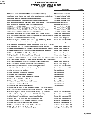 Stock inventory list - 8:55 AM 01/15/14 Crossroads Furniture LLC Inventory Stock Status by Item January 1 15, 2014 Pref Vendor 1000 Bonded Loveseat (1002BRAB Motion Loveseat in Brandon Brown) Available Affordable Furniture MFG CO 8 1000 Bonded Rocker Recliner