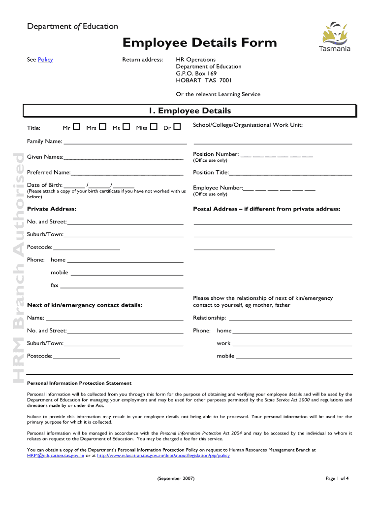 Fillable Online Employee Details Form tasctasgovau Fax Email Print