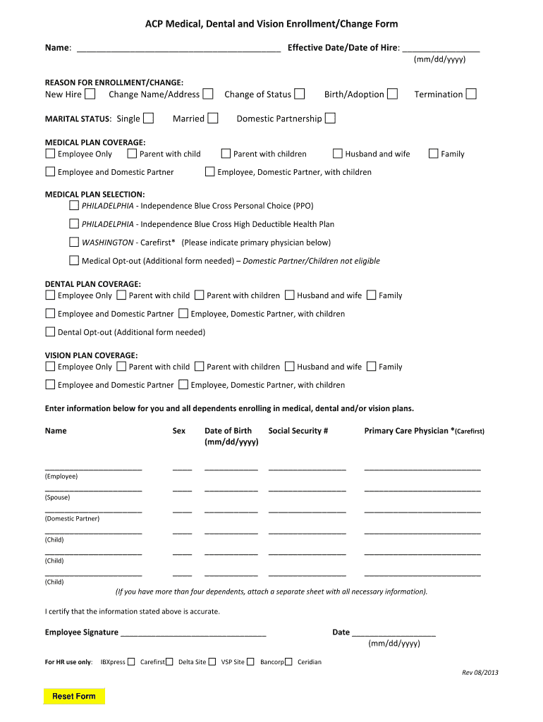 Fillable Online ACP Medical, Dental and Vision Enrollment
