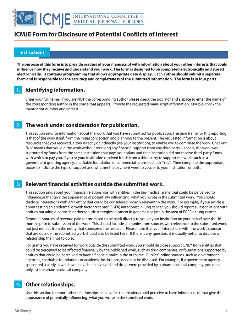 icmje form for disclosure of potential conflicts of interest Preview on Page 1