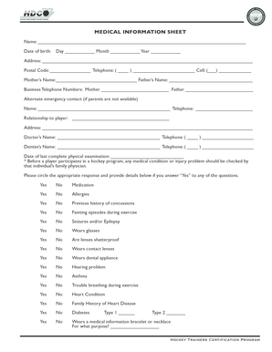Medical Information Sheet for Hockey Players
