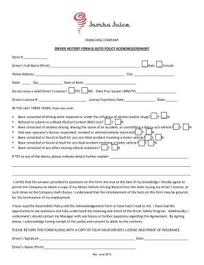 Jamba Juice Driver History Form & Auto Policy Acknowledgement
