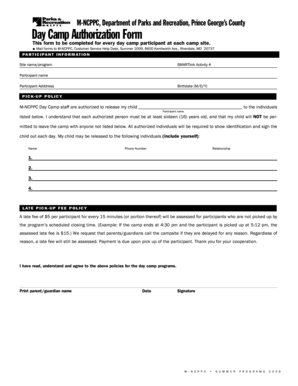 M-NCPPC Day Camp Authorization Form