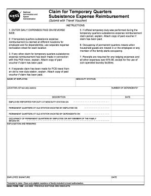 NASA Temporary Quarters Subsistence Expense Reimbursement Form
