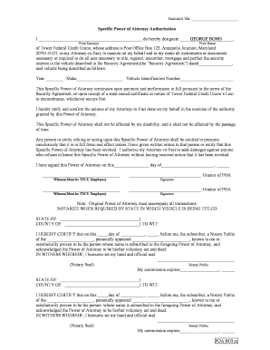 Specific Power of Attorney for Vehicle Security Agreement