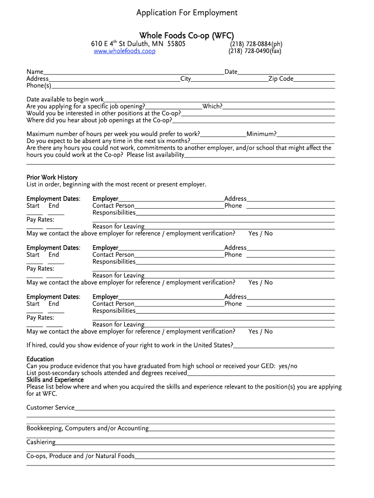 whole foods online job application form Preview on Page 1