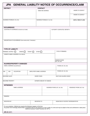 JPA General Liability Notice of Occurrence/Claim