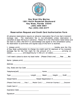 Key West Marina Reservation Request and Credit Card Authorization Form