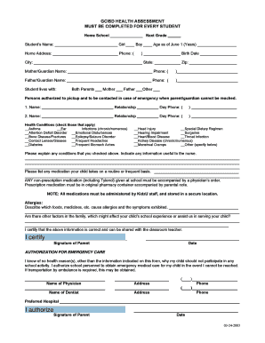 GCISD Student Health Assessment Form
