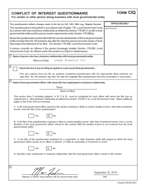 Conflict of Interest Questionnaire Form CIQ