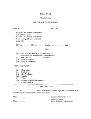 Certificate of Ownership Form ET-VI