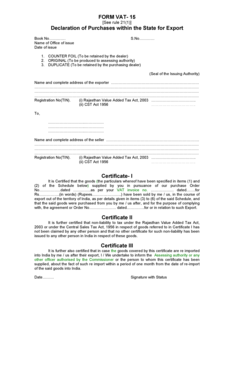 Rajasthan VAT-15 Form