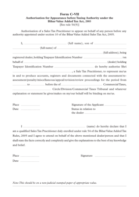 Bihar VAT Authorisation Form C-VII