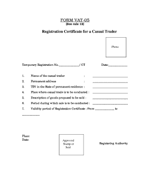VAT-05 Casual Trader Registration Certificate