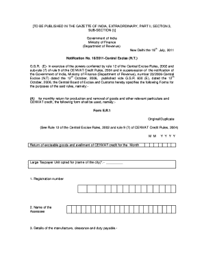 Indian Central Excise Monthly Return Form E.R.1
