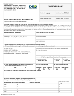 Florida Trade Readjustment Allowance Application