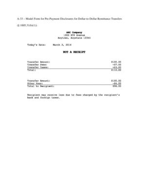 Model Form for Pre-Payment Disclosures for Dollar-to-Dollar Remittance Transfers