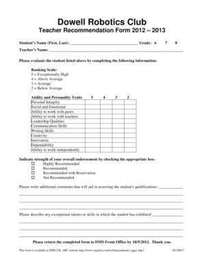 Teacher Recommendation Form