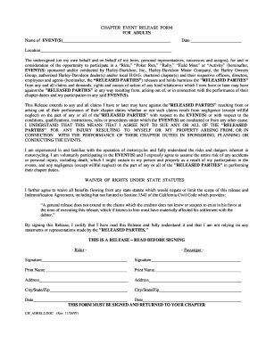 Harley-Davidson Event Release Form for Adults