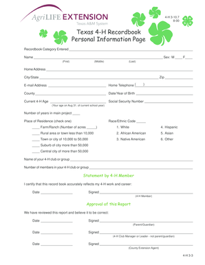 Texas 4-H Recordbook Personal Information Page