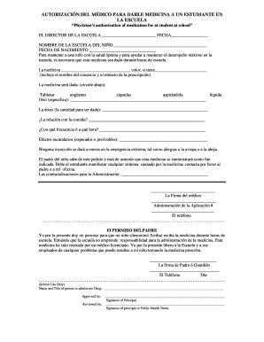 AUTORIZACIÓN DEL MÉDICO PARA DARLE MEDICINA A UN ESTUDIANTE EN LA ESCUELA