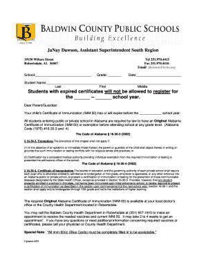 Alabama Immunization Certificate Notice