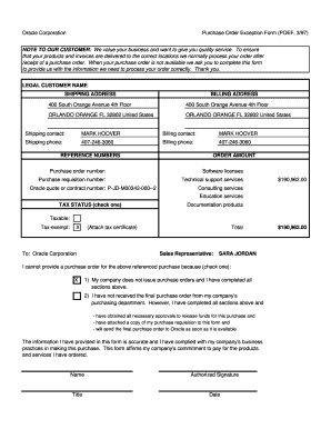 Format of purchase order - purchase order exception form