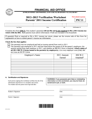 Parents 2011 Income Certification Form PIC11