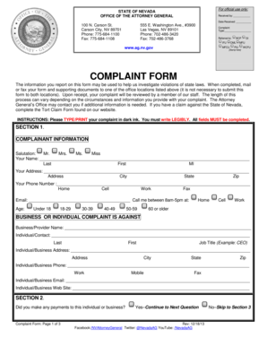 Nevada Attorney General Complaint Form