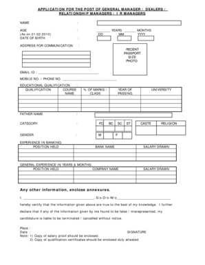 Application for General Manager or Relationship Manager