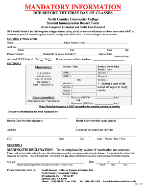 Student Immunization Record Form