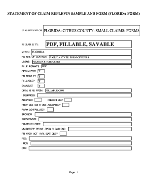 STATEMENT OF CLAIM REPLEVIN SAMPLE AND FORM (FLORIDA FORM). FLORIDA: CITRUS COUNTY: SMALL CLAIMS: FORMS