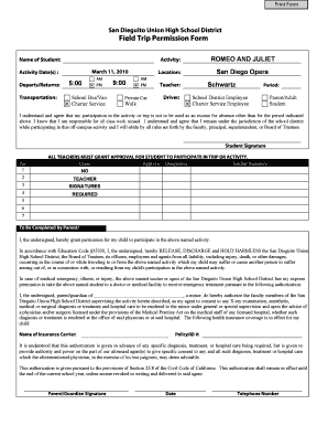 San Dieguito Field Trip Permission Form