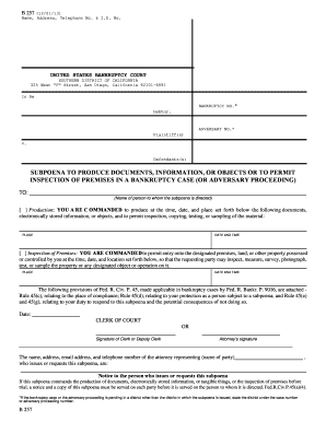 US Bankruptcy Court Subpoena Form B257