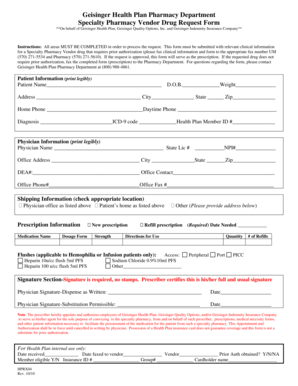 Geisinger Specialty Pharmacy Vendor Drug Request Form
